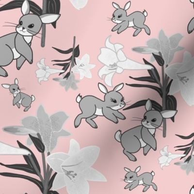 Easter Lilies Bunny Frolic - greyscale on baby pink, medium