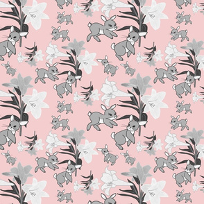 Easter Lilies Bunny Frolic - greyscale on baby pink, medium