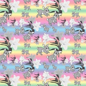 Easter Lilies Bunny Frolic - greyscale on rainbow, medium