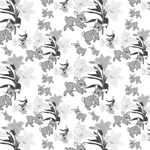 Easter Lilies Bunny Frolic - greyscale on white, medium