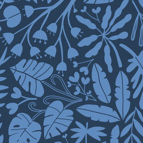 Big Tropical botanical jungles blue on navy