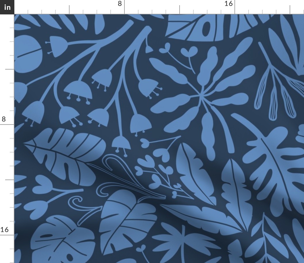 Big Tropical botanical jungles blue on navy