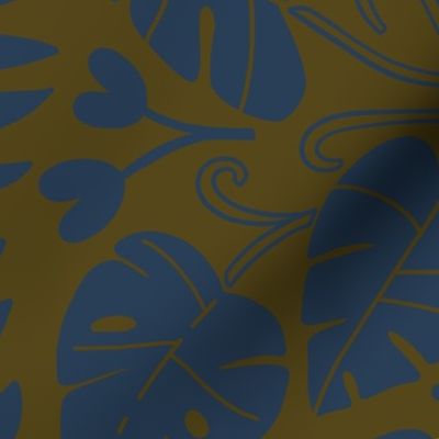 Big Tropical botanical jungles complex colors  dark mustard and navy