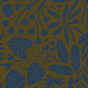 Big Tropical botanical jungles complex colors  dark mustard and navy