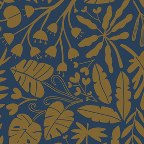 Big Tropical botanical jungles dark mustard on navy