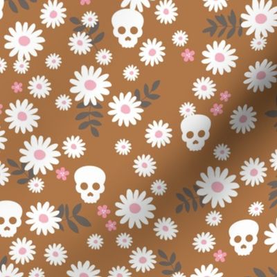 Boho daisies and skulls little mexican theme blossom dia de los muertos garden copper pink gray