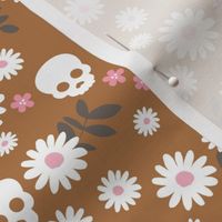Boho daisies and skulls little mexican theme blossom dia de los muertos garden copper pink gray