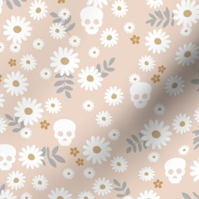 Boho daisies and skulls little mexican theme blossom dia de los muertos garden cream blush beige gray