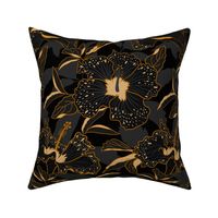 moody tropical hibiscus-moody floral-black and gold-medium scale