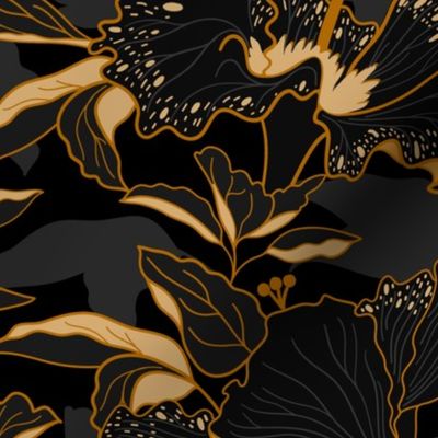 moody tropical hibiscus-moody floral-black and gold-medium scale