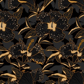 moody tropical hibiscus-moody floral-black and gold-medium scale