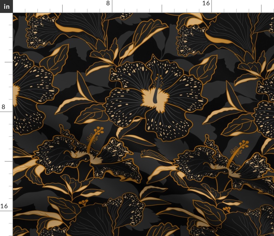 moody tropical hibiscus-moody floral-black and gold-medium scale