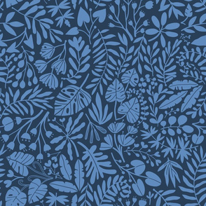 Medium Tropical botanical jungles blue on navy