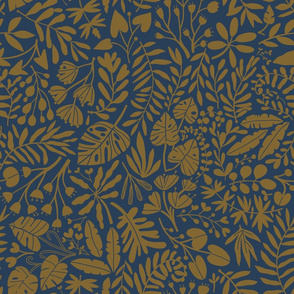 Medium Tropical botanical jungles mustard on navy