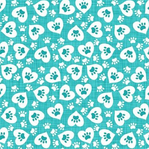 heart paws on teal linen texture