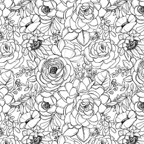 Hand-Drawn Black and White Flowers Large
