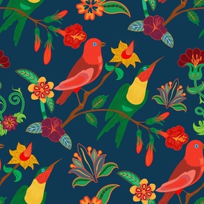 Birds & Flowers on Navy Blue