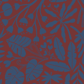 Small Tropical botanical jungles complex colors. Bordeaux red and navy