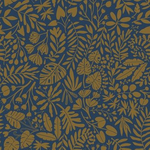 Small Tropical botanical jungles mustard on navy