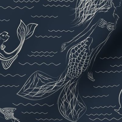 Nautical- mermaid manta rays and fish