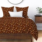 $ Large scale tossed non directional Autumn Leaves in Burgundy, dirty mustard and brown,  for large scale wallpaper retro vintage vibes, rustic cozy cabin bed linen and table cloths 