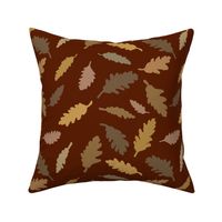 $ Large scale tossed non directional Autumn Leaves in Burgundy, dirty mustard and brown,  for large scale wallpaper retro vintage vibes, rustic cozy cabin bed linen and table cloths 