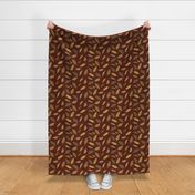 $ Large scale tossed non directional Autumn Leaves in Burgundy, dirty mustard and brown,  for large scale wallpaper retro vintage vibes, rustic cozy cabin bed linen and table cloths 