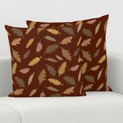$ Large scale tossed non directional Autumn Leaves in Burgundy, dirty mustard and brown,  for large scale wallpaper retro vintage vibes, rustic cozy cabin bed linen and table cloths 