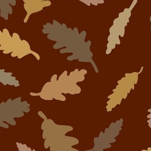 $ Large scale tossed non directional Autumn Leaves in Burgundy, dirty mustard and brown,  for large scale wallpaper retro vintage vibes, rustic cozy cabin bed linen and table cloths 