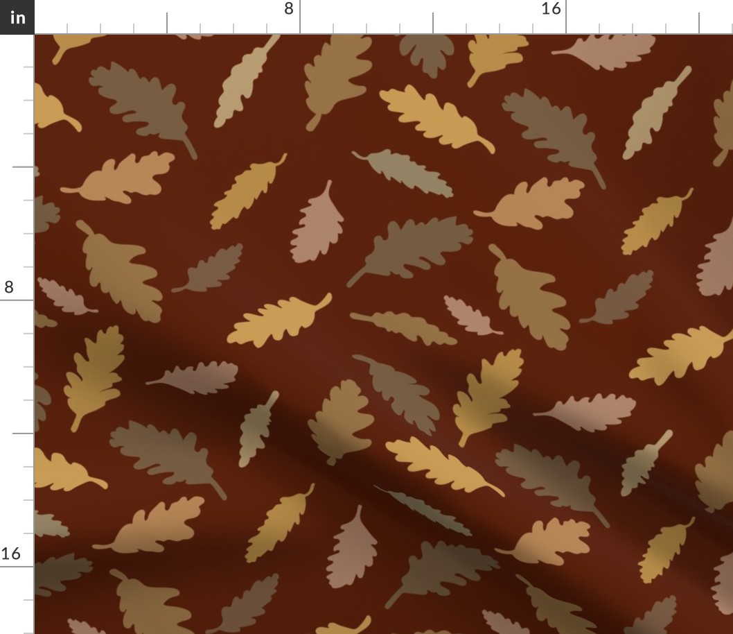 $ Large scale tossed non directional Autumn Leaves in Burgundy, dirty mustard and brown,  for large scale wallpaper retro vintage vibes, rustic cozy cabin bed linen and table cloths 