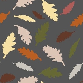 Large scale tossed non directional Autumn Leaves in burnt orange,  yellow, green, grey and brown,  for large scale wallpaper retro vintage vibes, rustic cozy cabin bed linen and table cloths 