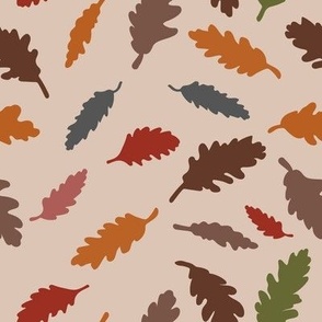 Large scale tossed non directional Autumn Leaves in orange, red, green and brown,  for large scale wallpaper retro vintage vibes, rustic cozy cabin bed linen and table cloths 