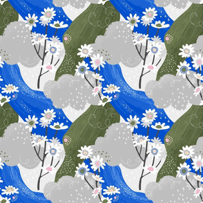 Small Blue and White Daisies Abstract Seamless Repeat Pattern