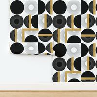 9″x 9″ Mid century black and white circles and golden blocks large  by art for joy lesja saramakova gajdosikova design