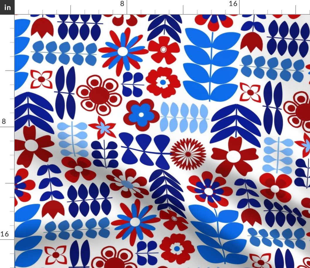 Scandinavian Flowers - Large Scale Patriotic Red White and Blue