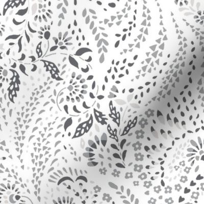 Large Paisley Garden Grows – white and greys