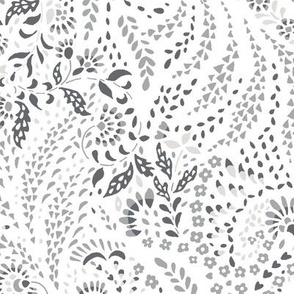 Large Paisley Garden Grows – white and greys