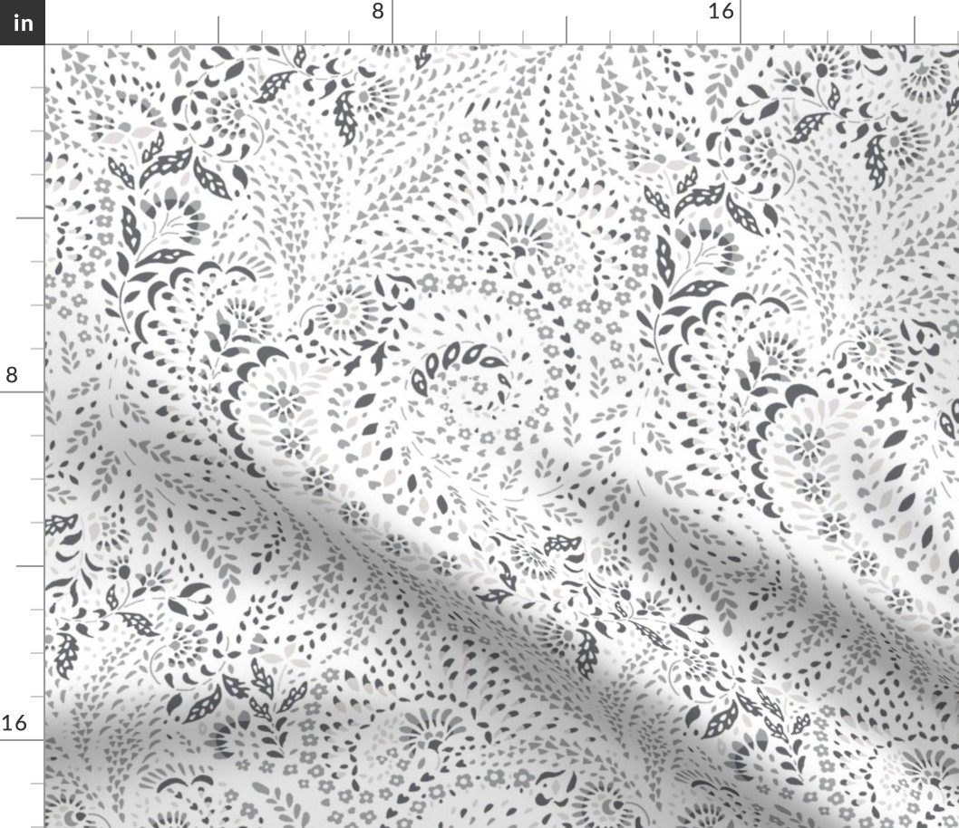 Large Paisley Garden Grows – white and greys