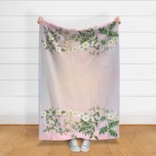 horizontal mirror repeat white redoute wild roses on morning mist