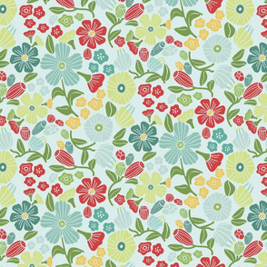 Flower Toss-Aqua-Coral on Sky-Summer Meadow Palette-mid-scale