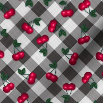Cherries on Black Gingham - Small Scale fifties rockabilly retro