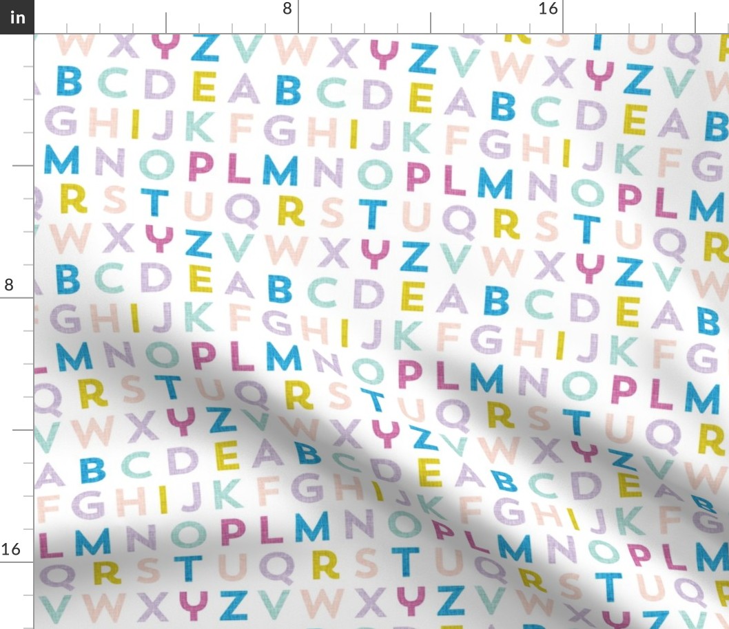 small pink lavender teal yellow alphabet