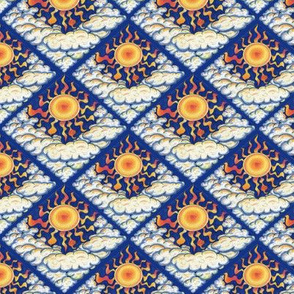 sun and clouds sky Spoonflower break room wallpaper, small scale, dark navy blue red orange yellow white black cobalt indigo gold colorful