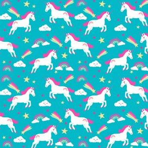 SMALL unicorn bright colors fabric rainbow clouds stars cute girls unicorn fabric turquoise