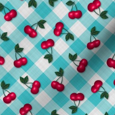 Cherries on Blue Gingham - Small Scale fifties rockabilly retro