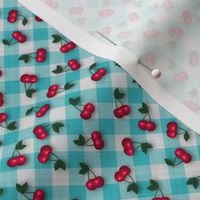 Cherries on Blue Gingham - Ditsy Scale fifties rockabilly retro