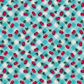 Cherries on Blue Gingham - Ditsy Scale fifties rockabilly retro