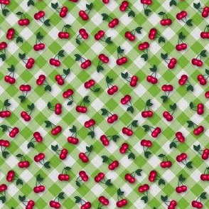 Cherries on Lime Green Gingham - Ditsy Scale fifties rockabilly retro
