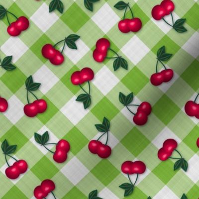 Cherries on Lime Green Gingham -Small Scale fifties rockabilly retro