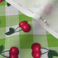 Cherries on Lime Green Gingham -Small Scale fifties rockabilly retro